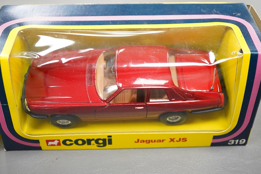Two boxed 1970s Corgi Toys; a James Bond Aston Martin (261) in silver with passenger, together with a Jaguar XJS (319) in metallic red
